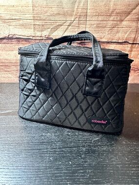 black quilted Caboodles makeup Train case featuring a pink logos Travel Bag